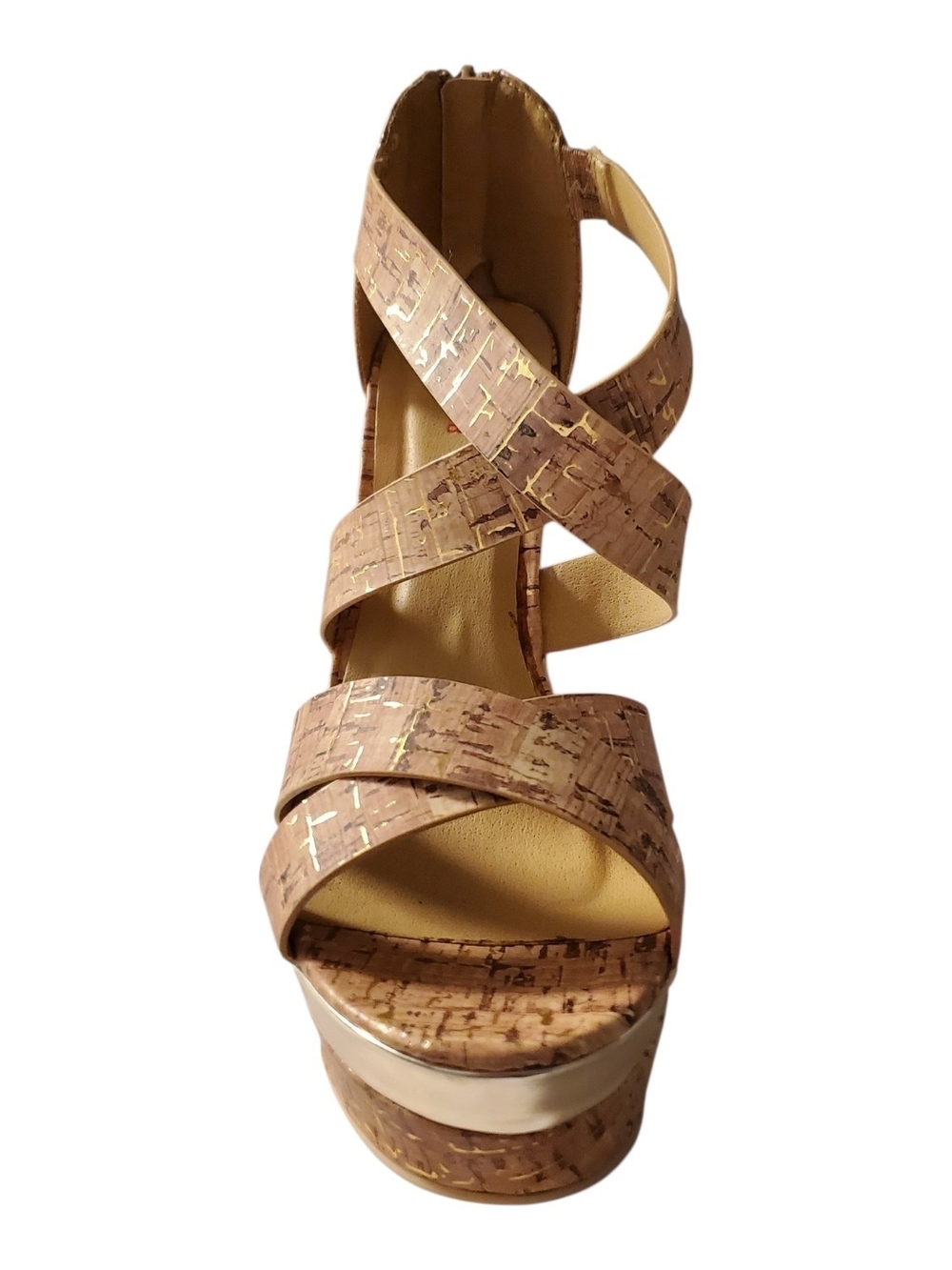 Tan Cork-Look Wedge Sandal With Gold Accents